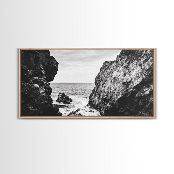 Rocky Coast View, Ocean Cliffs Art, Coastal Wilderness, Monochrome Seascape, Canvas Print, Bathroom Wall Art, Rustic Minimalist Style