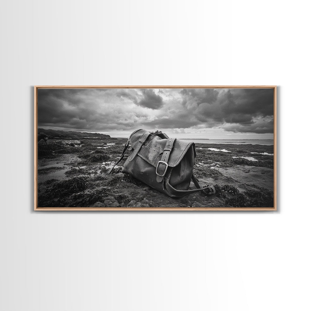 Abandoned Satchel, Coastal Mystery Art, Lost and Found Decor, Moody Beach Scene, Canvas Print, Study Wall Art, Nautical Rustic Aesthetic