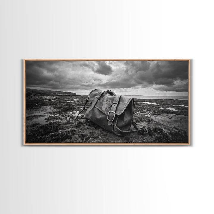 Abandoned Satchel, Coastal Mystery Art, Lost and Found Decor, Moody Beach Scene, Canvas Print, Study Wall Art, Nautical Rustic Aesthetic
