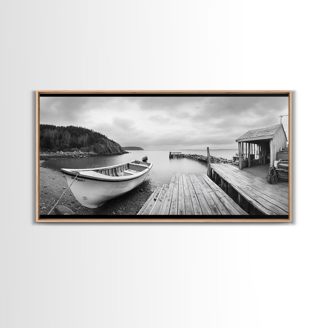 Rowboat Dock, Harbor Scene, Calm Waters, Quiet Morning, Framed Canvas Print, Lakeside Cabin Wall Art, Rustic Nautical Decor, Cabin Decor