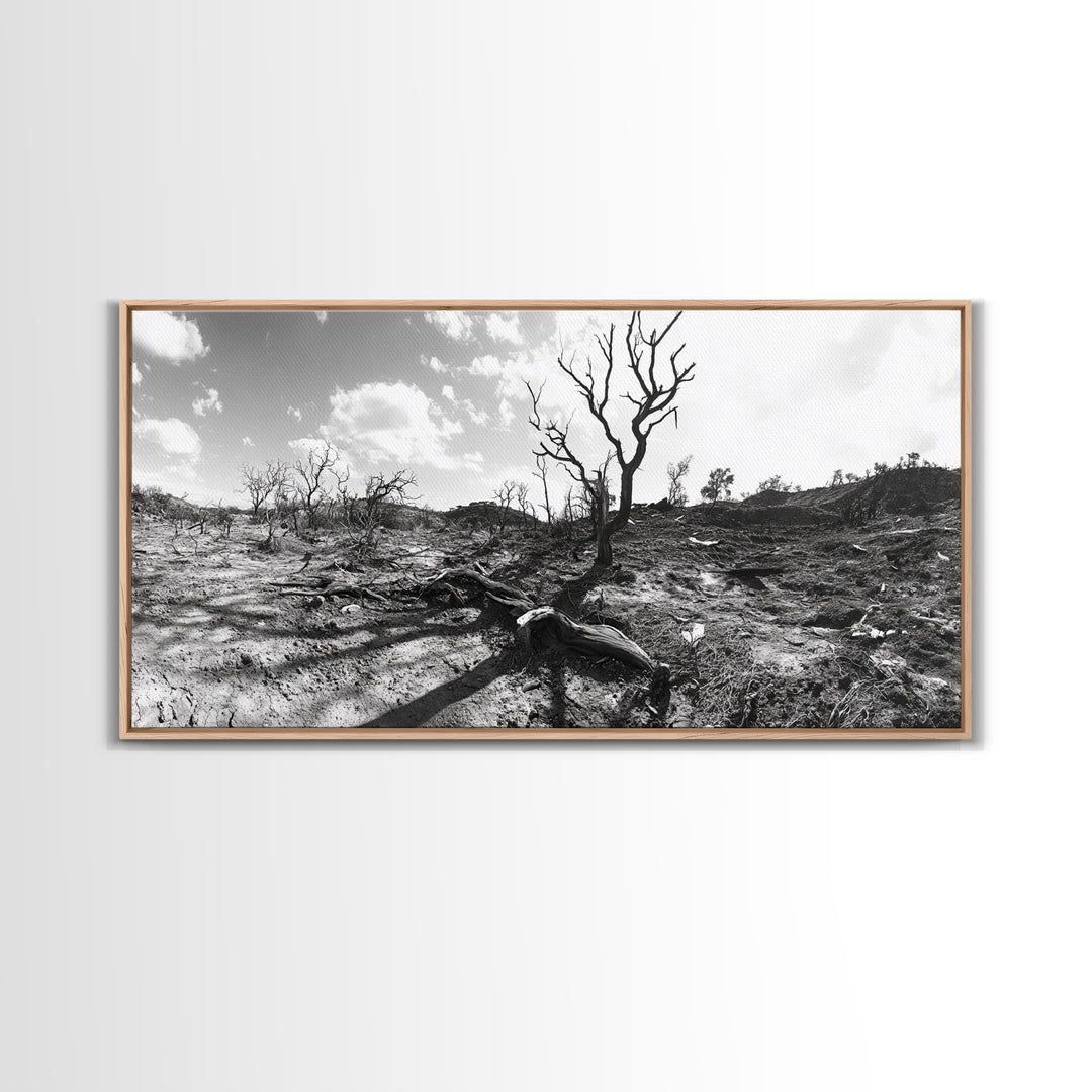 Barren Tree Landscape, Post Fire Terrain, Dystopian Forest Scene, Survival Mood, Canvas Print, Office Wall Art, Dark Nature Decor