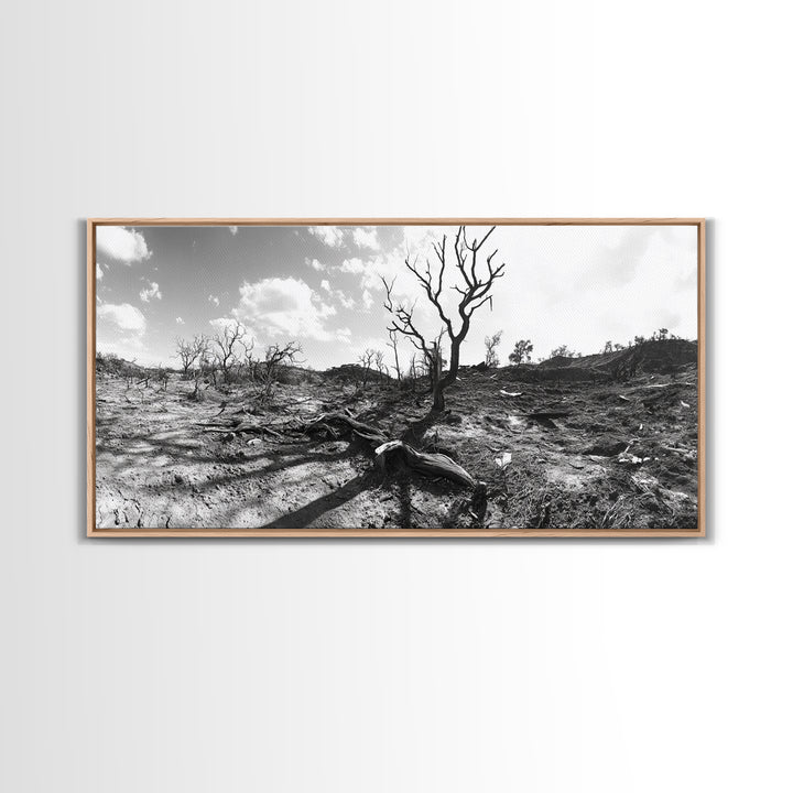 Barren Tree Landscape, Post Fire Terrain, Dystopian Forest Scene, Survival Mood, Canvas Print, Office Wall Art, Dark Nature Decor