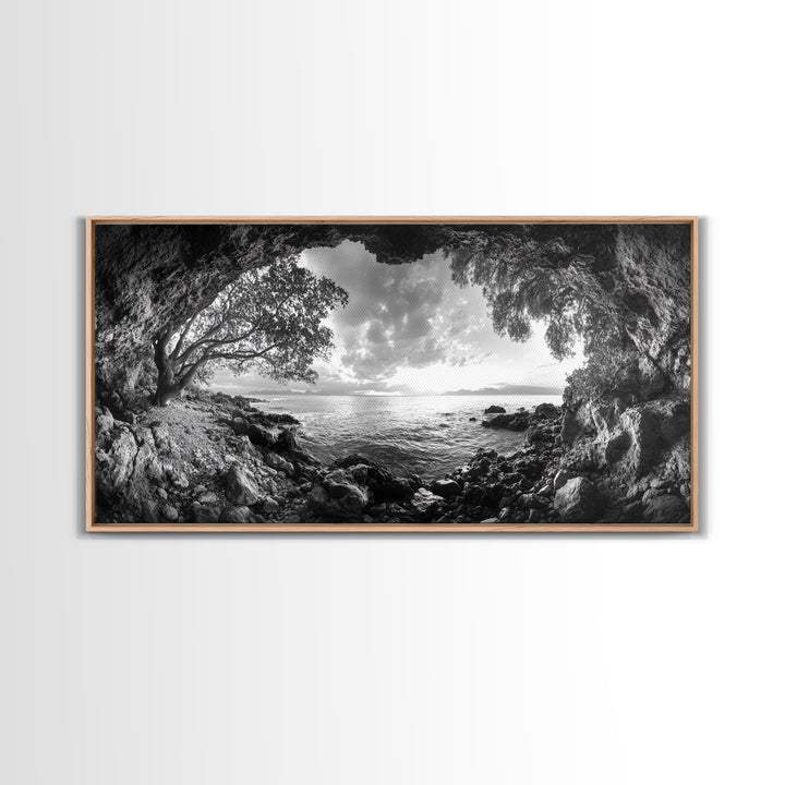 Ocean Cave View, Coastal Tree Framing, Tranquil Sea Scene, Nature Window Art, Framed Canvas Print, Bedroom Wall Art, Zen Decor