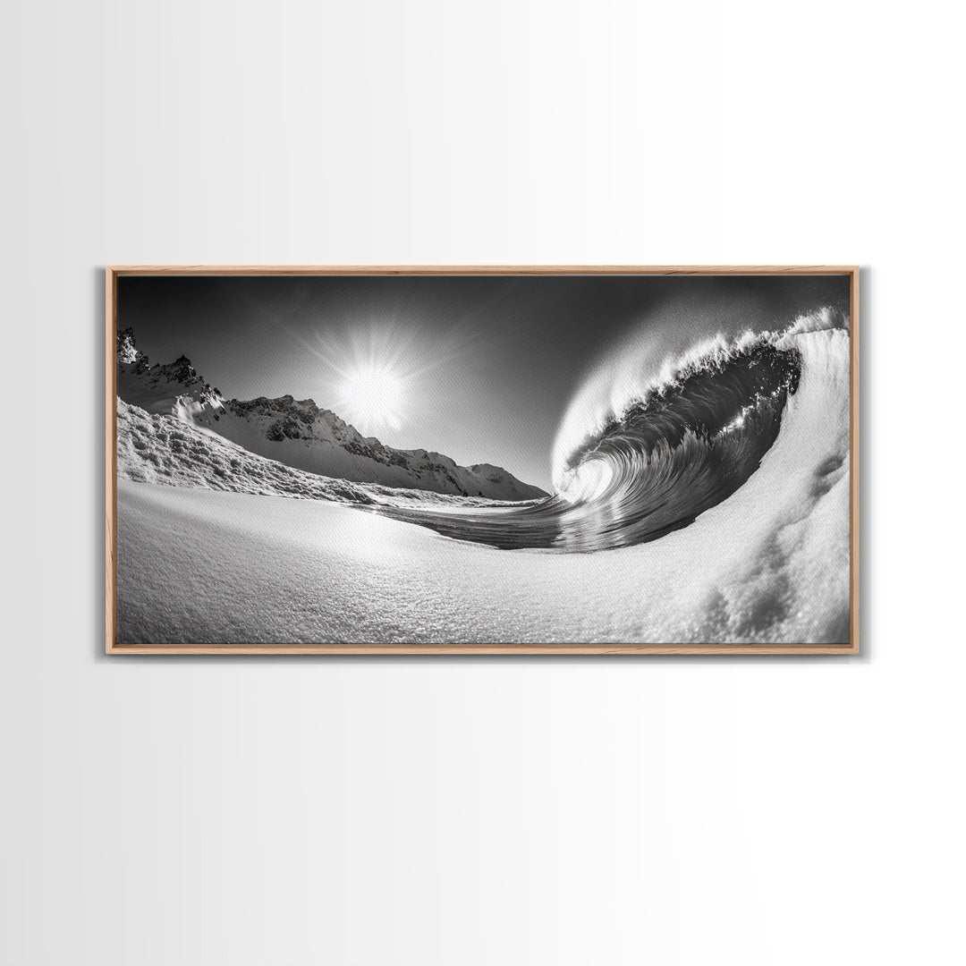 Arctic Wave Motion, Snowy Surf Curl, Mountain Sun Scene, Nature Energy Art, Canvas Print, Living Room Wall Art, Winter Adventure Decor