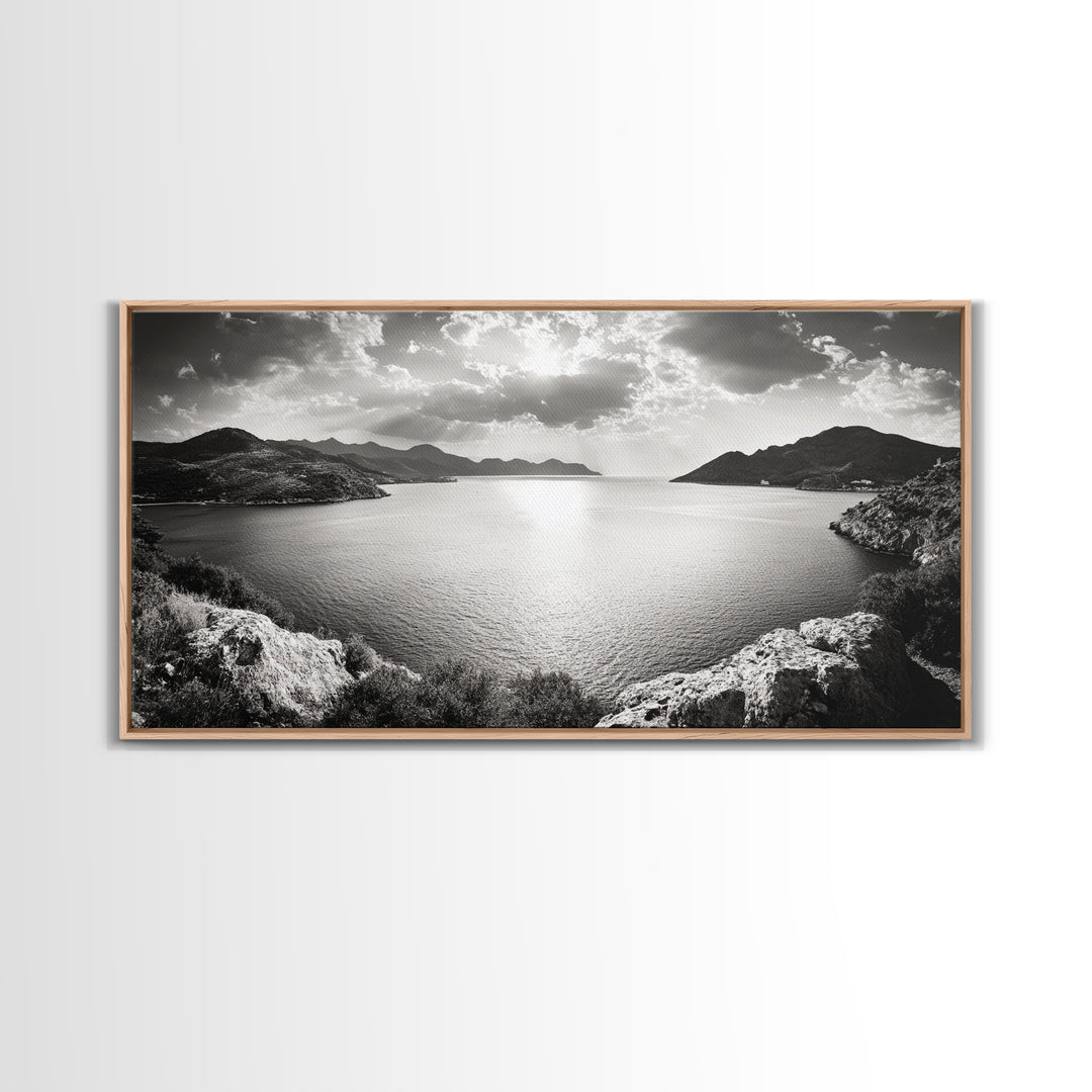 Ocean Sunset View, Mountain Coast Landscape, Black and White Art, Canvas Print, Minimalist Decor, Living Room Wall Art, Tranquil Home Style