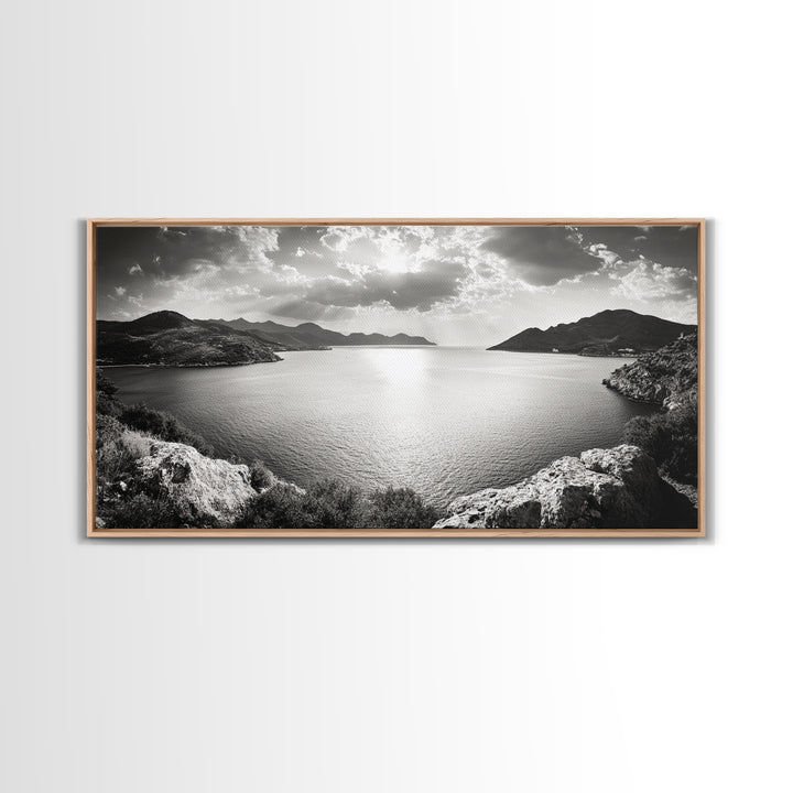 Ocean Sunset View, Mountain Coast Landscape, Black and White Art, Canvas Print, Minimalist Decor, Living Room Wall Art, Tranquil Home Style