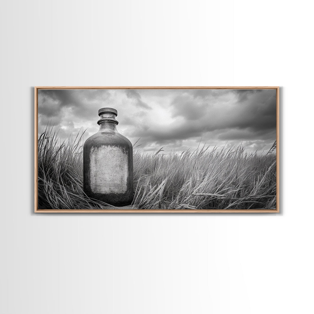 Antique Bottle Field, Rustic Outdoor Scene, Black and White Photography, Framed Canvas Print, Farmhouse Wall Art, Entryway Decor