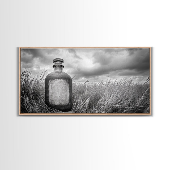Antique Bottle Field, Rustic Outdoor Scene, Black and White Photography, Framed Canvas Print, Farmhouse Wall Art, Entryway Decor