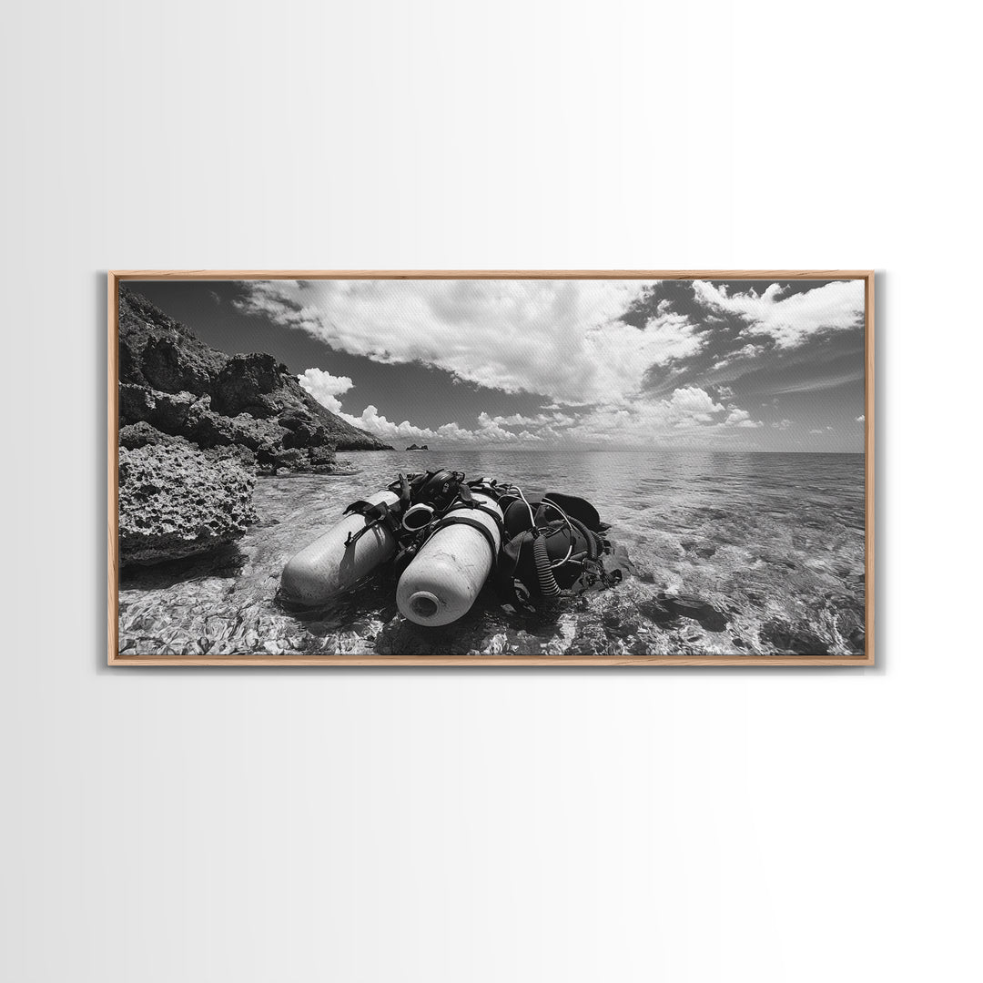 Dive Gear Shoreline, Ocean Exploration Scene, Black and White Adventure Art, Canvas Print, Nautical Decor, Man Cave Wall Art, Nautical Wall Art
