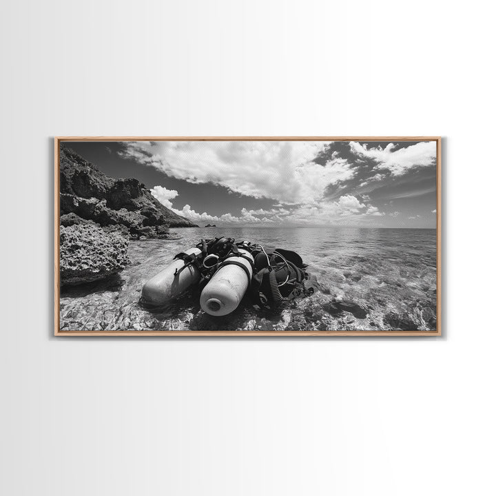 Dive Gear Shoreline, Ocean Exploration Scene, Black and White Adventure Art, Canvas Print, Nautical Decor, Man Cave Wall Art, Nautical Wall Art