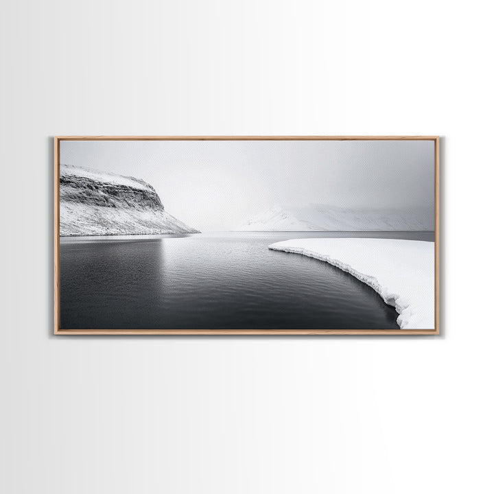 Arctic Coastline Silence, Minimal Snow Scene, Monochrome Nature Landscape, Framed Canvas Print, Scandinavian Wall Art, Office Calm Decor