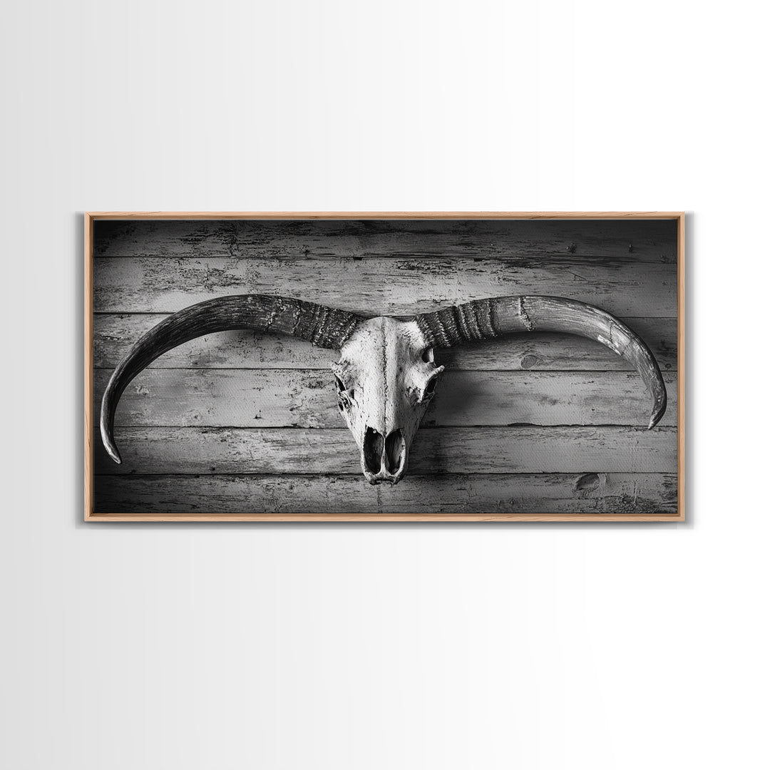 Bull Skull, Rustic Horns, Western Cabin Decor, Weathered Wood, Framed Canvas Print, Farmhouse Wall Art, Cowboy Office Decor, Rustic Wall Art