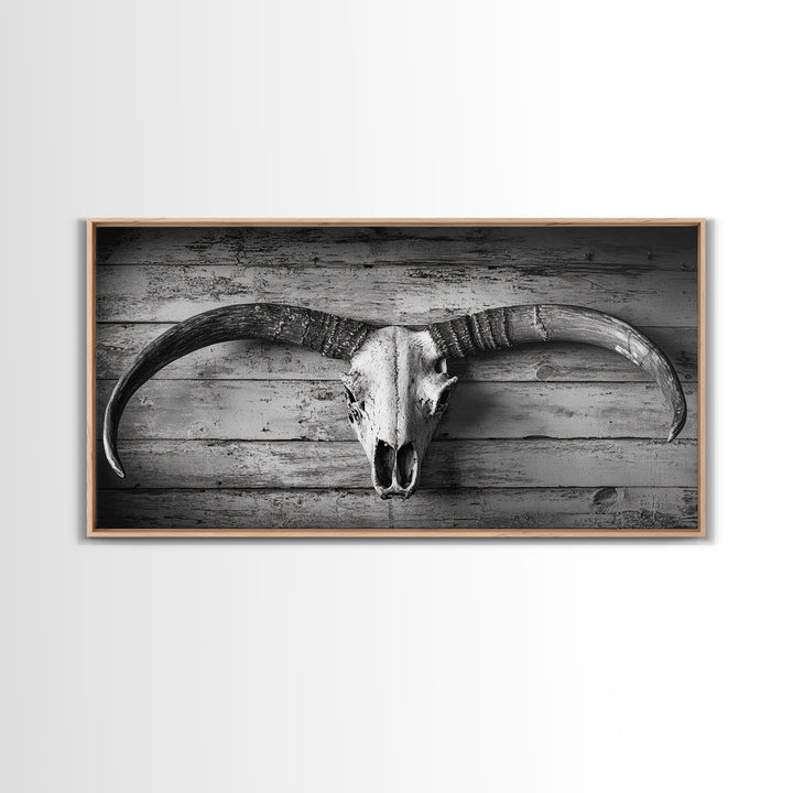 Bull Skull, Rustic Horns, Western Cabin Decor, Weathered Wood, Framed Canvas Print, Farmhouse Wall Art, Cowboy Office Decor, Rustic Wall Art
