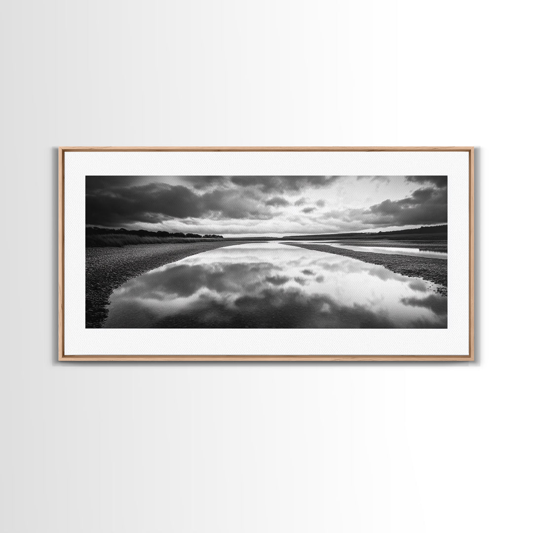 River Reflection, Cloudy Sky, Calm Nature Path, Modern Monochrome, Framed Canvas Print, Bedroom Wall Art, Minimalist Landscape Art
