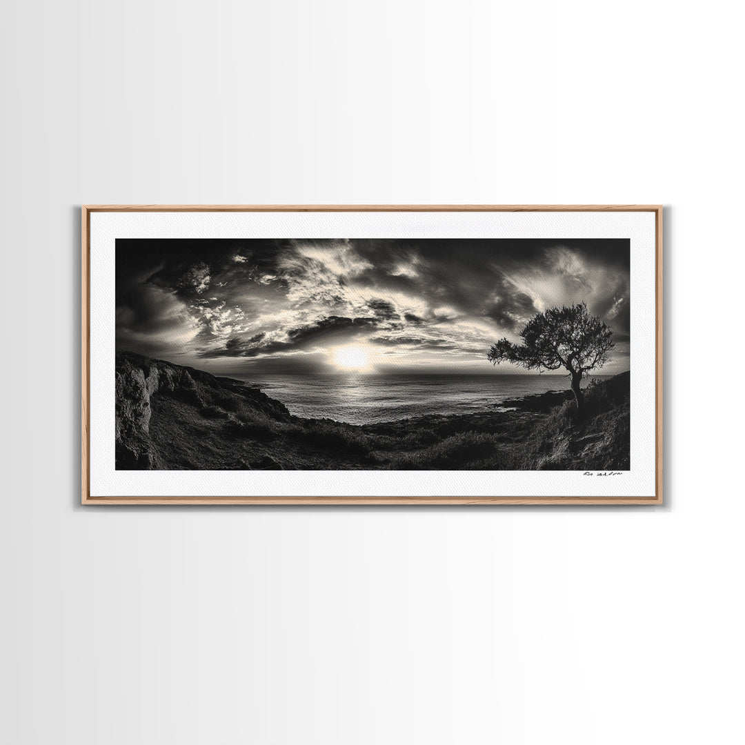 Dramatic Ocean Sunset, Coastal Tree, Monochrome Landscape, Canvas Print, Living Room Wall Art, Surreal Nature View, Oceanview Print