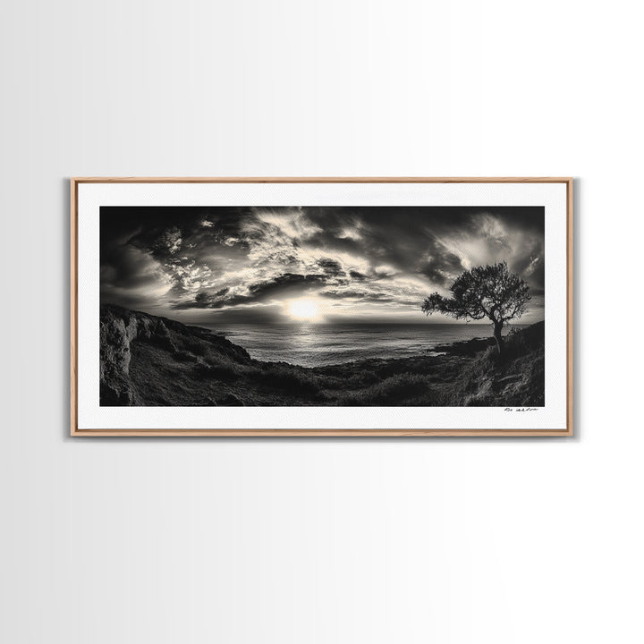 Dramatic Ocean Sunset, Coastal Tree, Monochrome Landscape, Canvas Print, Living Room Wall Art, Surreal Nature View, Oceanview Print