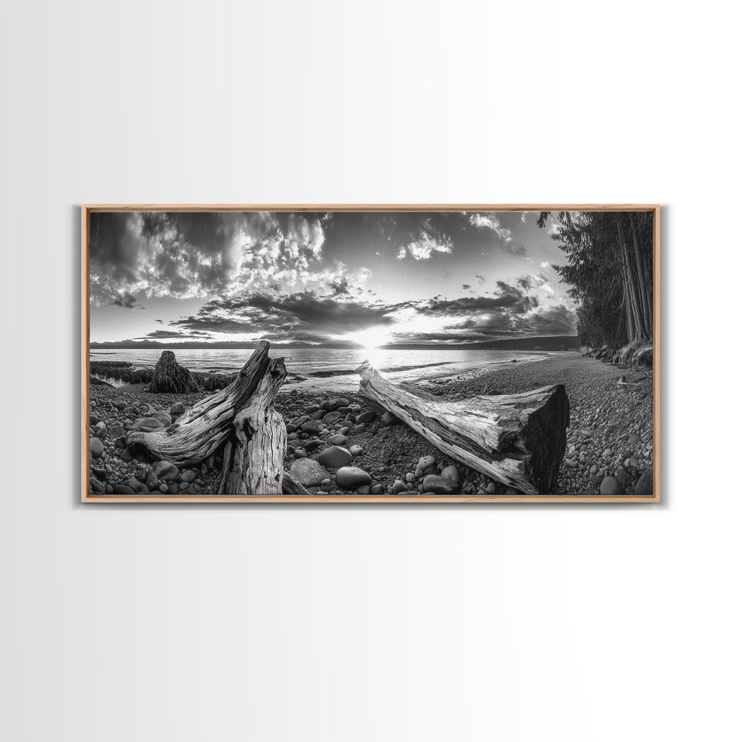 Driftwood Coastline, Rocky Beach Sunset, Nature Wall Art, Framed Canvas Print, Rustic Lake House Decor, Fall Coastal Aesthetic