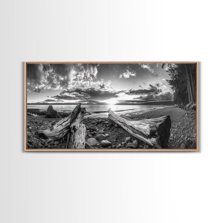 Driftwood Coastline, Rocky Beach Sunset, Nature Wall Art, Framed Canvas Print, Rustic Lake House Decor, Fall Coastal Aesthetic