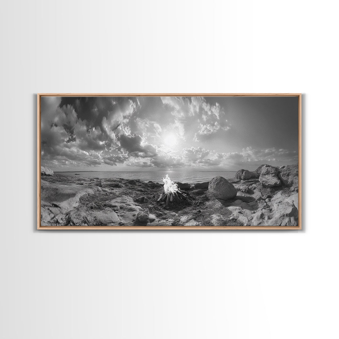 Coastal Campfire, Ocean Sunset, Rocky Shore, Bonfire Glow, Canvas Print, Nature Wall Art, Autumn Cabin Decor, Outdoor Retreat Style