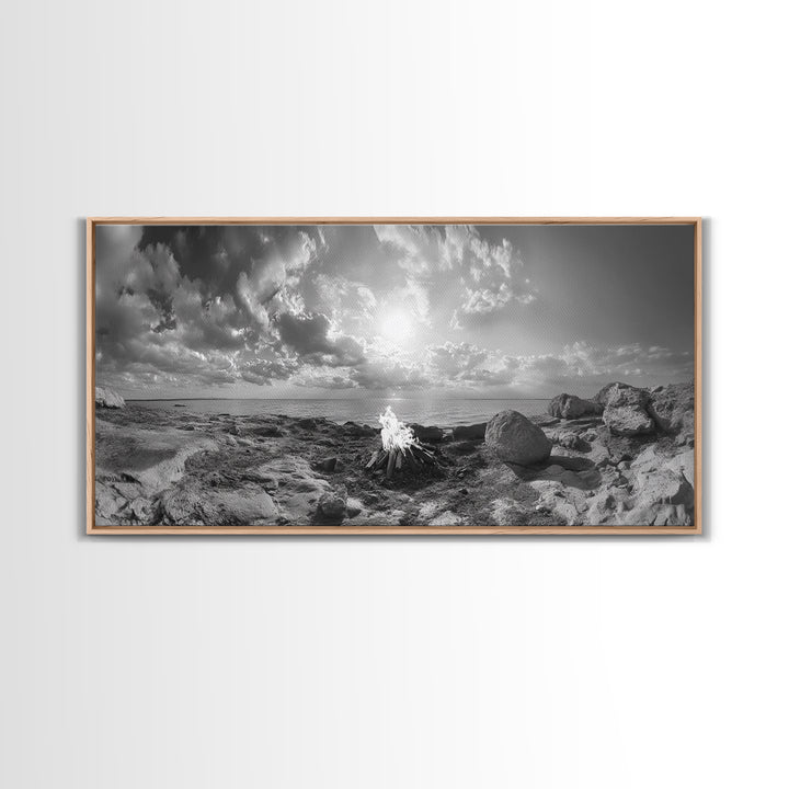 Coastal Campfire, Ocean Sunset, Rocky Shore, Bonfire Glow, Canvas Print, Nature Wall Art, Autumn Cabin Decor, Outdoor Retreat Style