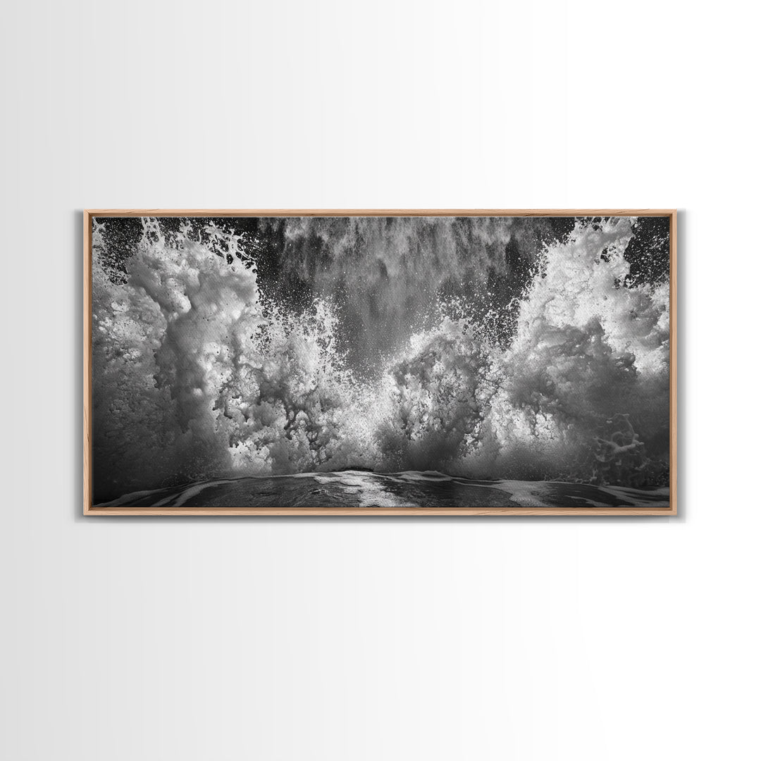 Ocean Splash, Sea Foam, Abstract Water, Coastal Waves, Framed Canvas Print, bathroom wall art, modern ocean photography, moody water art