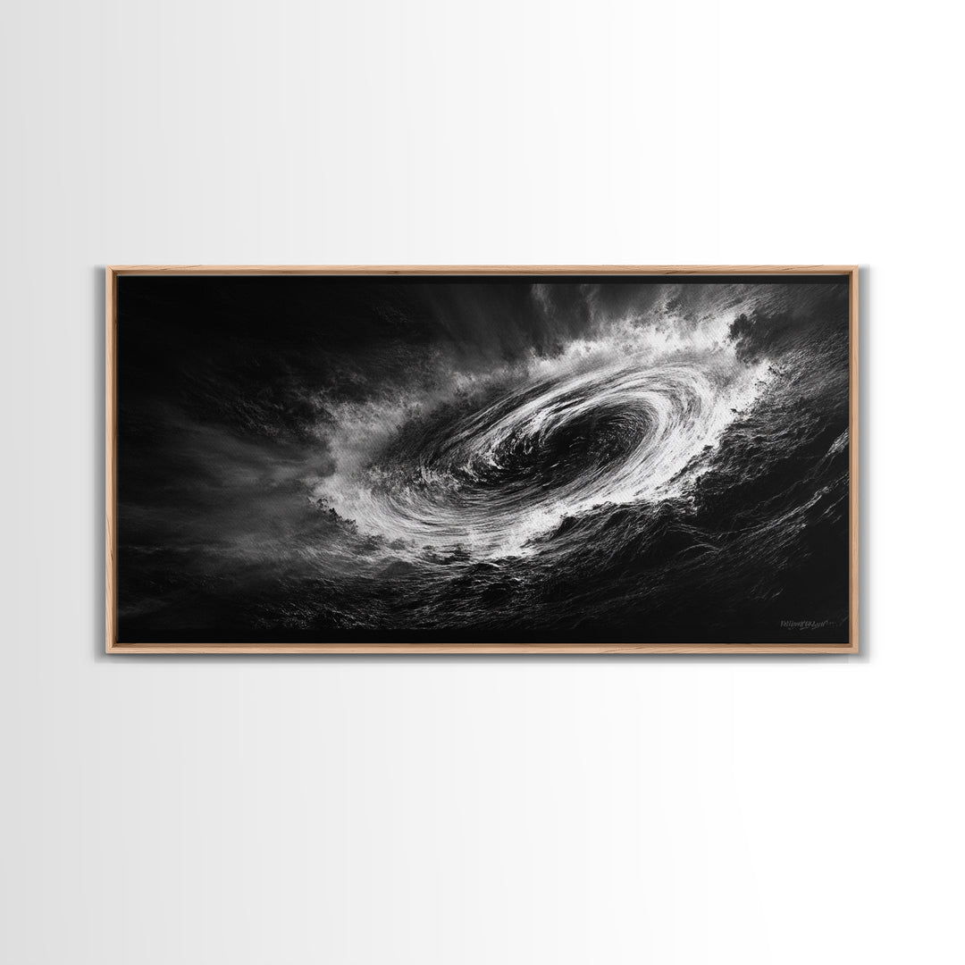 Ocean Vortex, Dramatic Waves, Sea Swirl, Storm Art, Framed Canvas Print, dark abstract art, gaming room decor, black and white power art