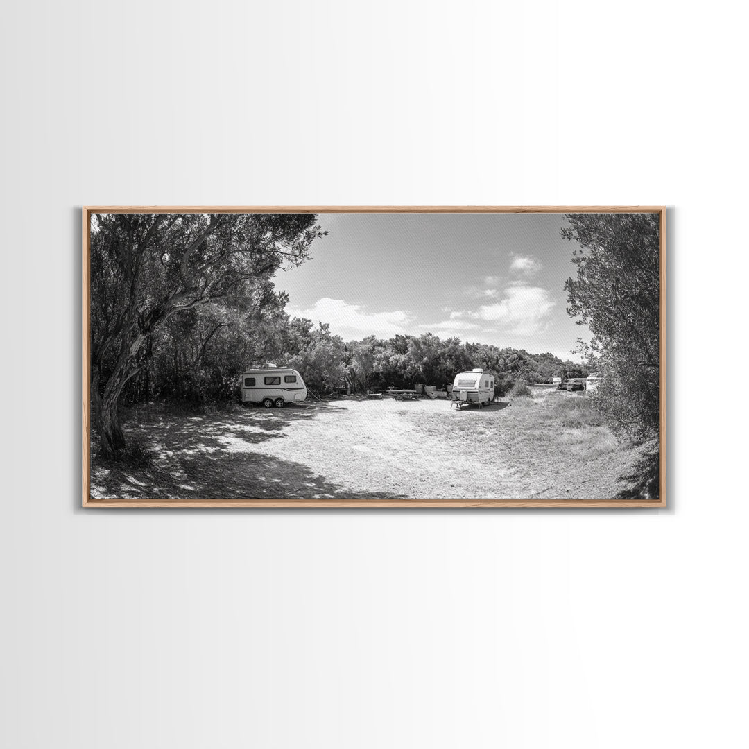 Camper Vans, Nature Escape, Forest Glamping, Sunny Grove, Canvas Print, Rustic Wall Art, Adventure Lover Gift, Living Room Decor