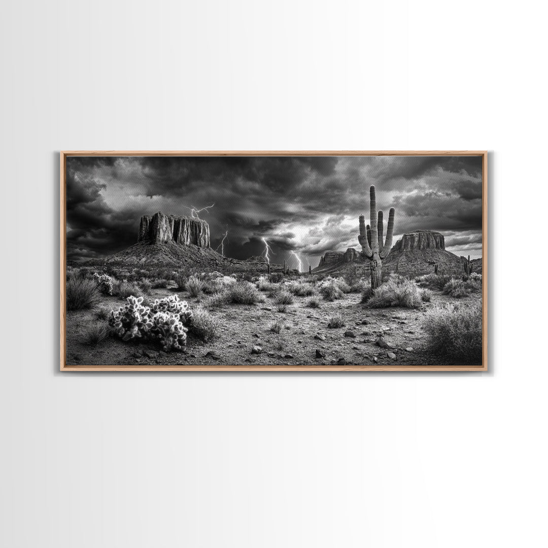 Desert Storm Scene, Lightning Landscape, Southwest Art, Dramatic Skies, Framed Canvas Print, Western Wall Art, Rustic Living Room Decor
