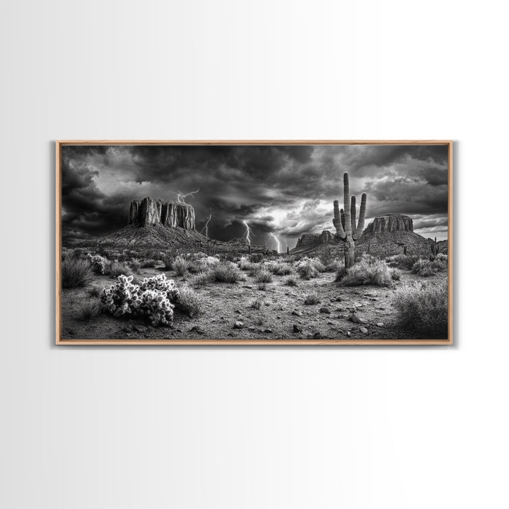 Desert Storm Scene, Lightning Landscape, Southwest Art, Dramatic Skies, Framed Canvas Print, Western Wall Art, Rustic Living Room Decor
