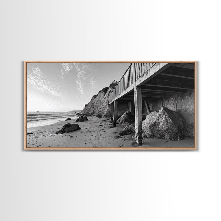 Coastal Cliff View, Seaside Escape, Beachside Structure, Framed Canvas Print, Rustic Wall Art, Modern Coastal Living Room Decor