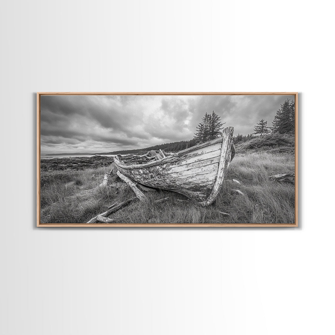Abandoned Boat, Weathered Vessel, Coastal Forest, Framed Canvas Print, Farmhouse Wall Art, Rustic Cabin Decor, Autumn Vibe, Living Room Art