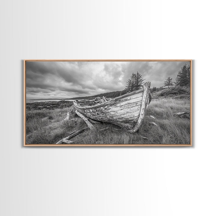 Abandoned Boat, Weathered Vessel, Coastal Forest, Framed Canvas Print, Farmhouse Wall Art, Rustic Cabin Decor, Autumn Vibe, Living Room Art
