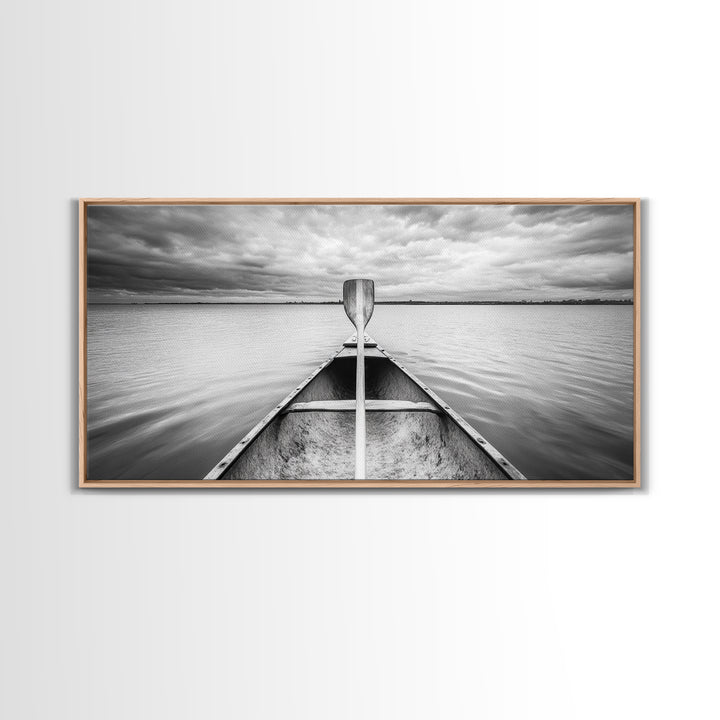 Canoe Lake, Adventure Paddle, Calm Waters, Cloudy Sky, Framed Canvas Print, Minimalist Art, Office Wall Decor, Nature Lover Style