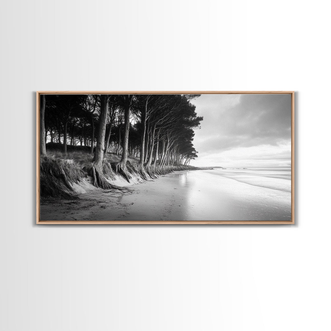 Pine Trees, Sandy Beach, Coastal Serenity, Driftwood Shore, Framed Canvas Print, neutral wall art, coastal rustic style, entryway landscape