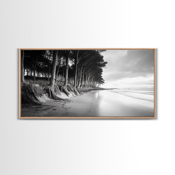 Pine Trees, Sandy Beach, Coastal Serenity, Driftwood Shore, Framed Canvas Print, neutral wall art, coastal rustic style, entryway landscape
