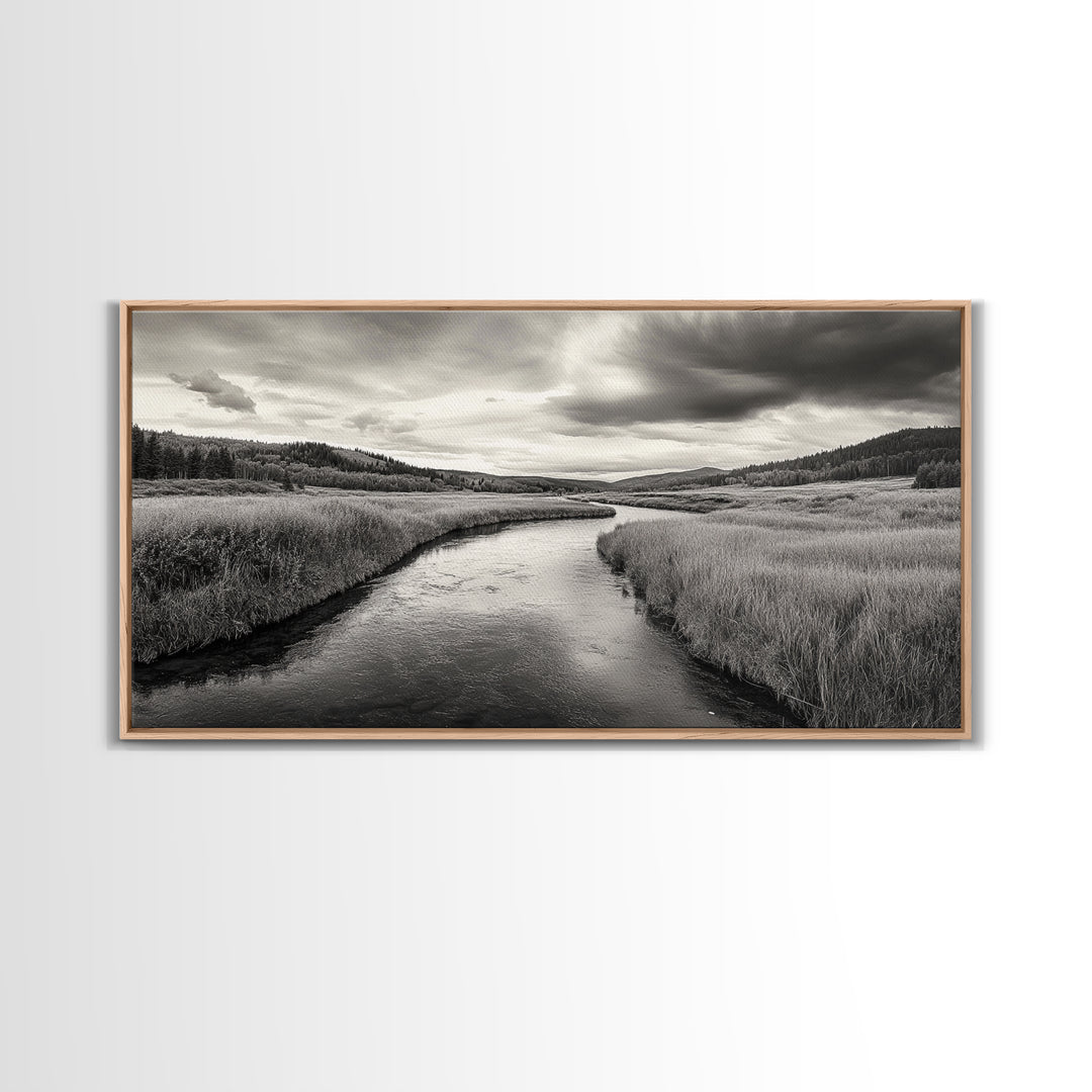 River Valley, Flowing Stream, Grassy Hills, Wilderness Calm, Framed Canvas Print, rustic home decor, Fall art, cabin wall landscape print