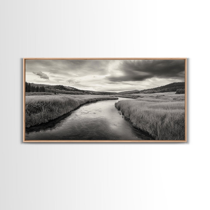 River Valley, Flowing Stream, Grassy Hills, Wilderness Calm, Framed Canvas Print, rustic home decor, Fall art, cabin wall landscape print