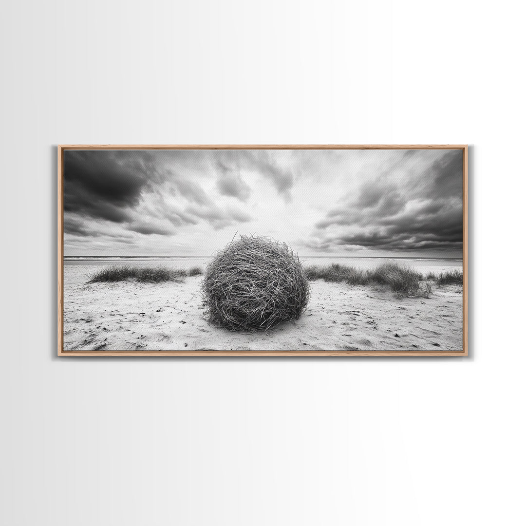 Desert Tumbleweed, Western Landscape, Stormy Sky, Framed Canvas Print, Rustic Farmhouse Wall Art, Fall Decor, Minimalist Western Art
