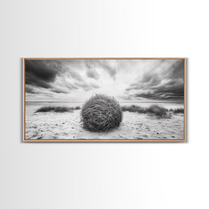 Desert Tumbleweed, Western Landscape, Stormy Sky, Framed Canvas Print, Rustic Farmhouse Wall Art, Fall Decor, Minimalist Western Art