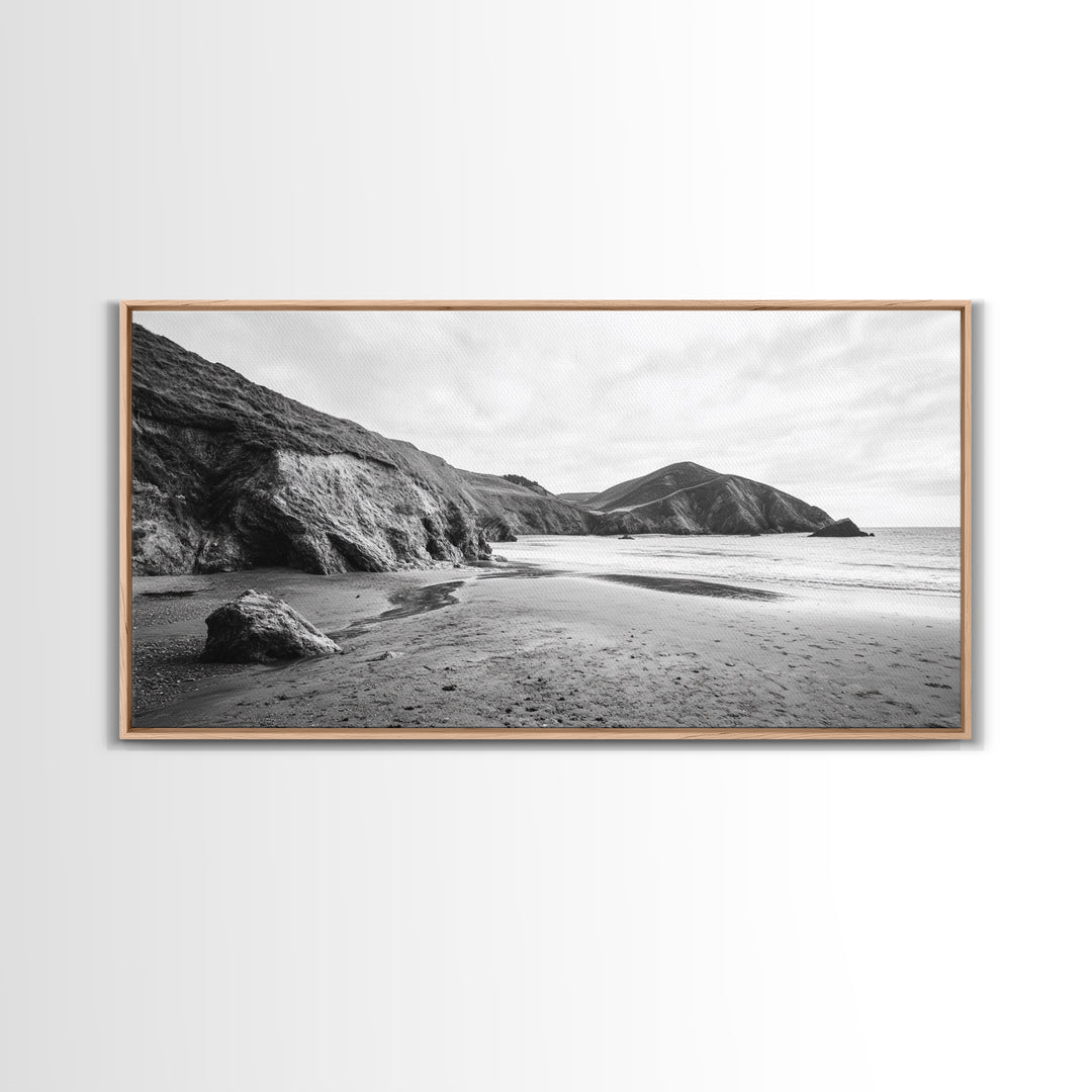 Coastal Cliffs, Ocean Shore, Scenic Beach, Framed Canvas Print, Nature Photography, Bathroom Wall Art, Neutral Tones, Coastal Home Decor