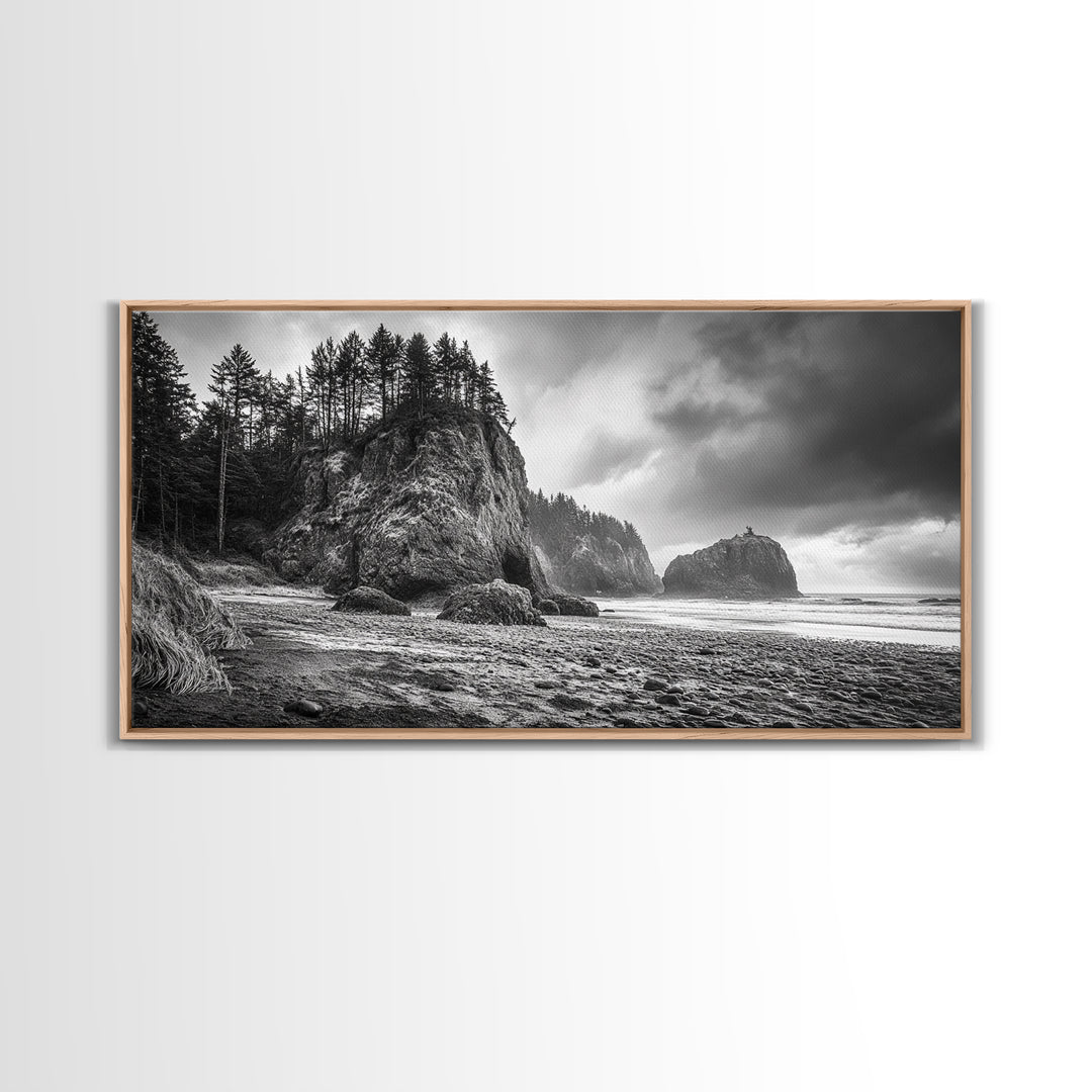 Coastal Rocks, Forest Cliffs, Moody Ocean, Framed Canvas Print, Pacific Northwest Wall Art, Dramatic Seascape, Autumn Nature Photography