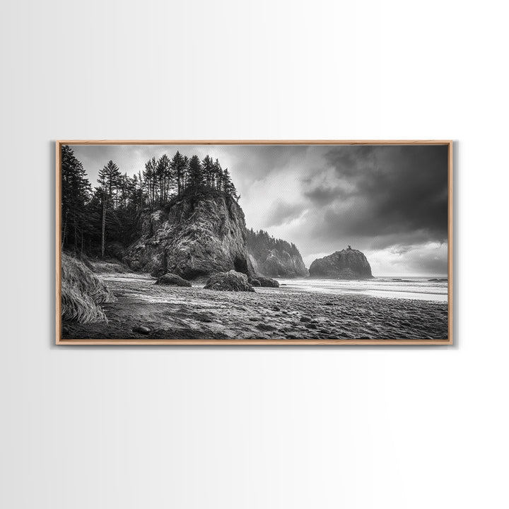 Coastal Rocks, Forest Cliffs, Moody Ocean, Framed Canvas Print, Pacific Northwest Wall Art, Dramatic Seascape, Autumn Nature Photography