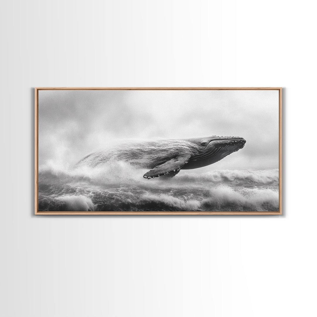 Breaching Whale, Ocean Waves, Marine Power, Framed Canvas Print, Nautical Bathroom Wall Art, Whale Watching Theme, Coastal Photography Art