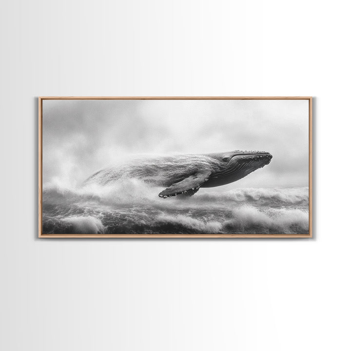 Breaching Whale, Ocean Waves, Marine Power, Framed Canvas Print, Nautical Bathroom Wall Art, Whale Watching Theme, Coastal Photography Art