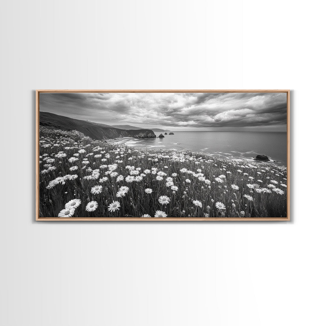 Coastal Flower Field, Ocean Meadow Scene, Seaside Wildflower Landscape, Serene Botanical Print, Living Room Art, Canvas Print