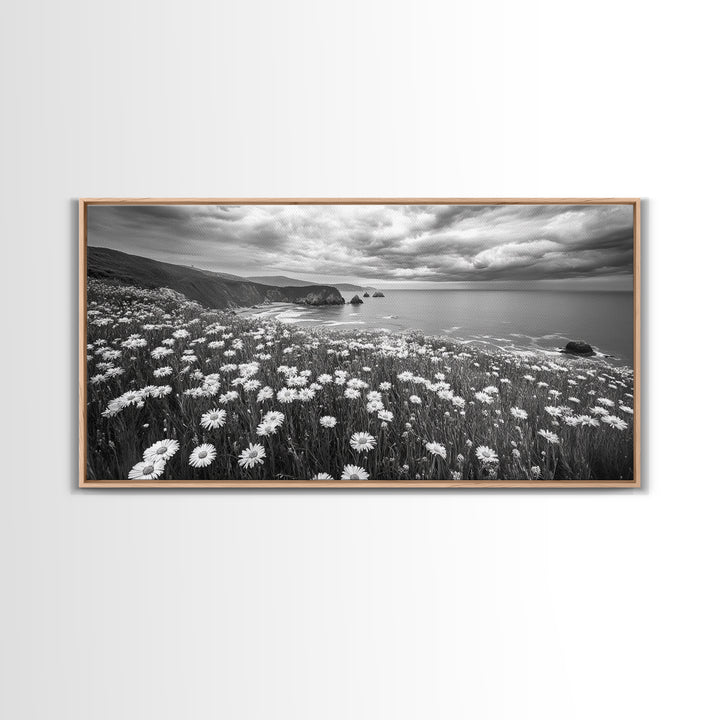 Coastal Flower Field, Ocean Meadow Scene, Seaside Wildflower Landscape, Serene Botanical Print, Living Room Art, Canvas Print