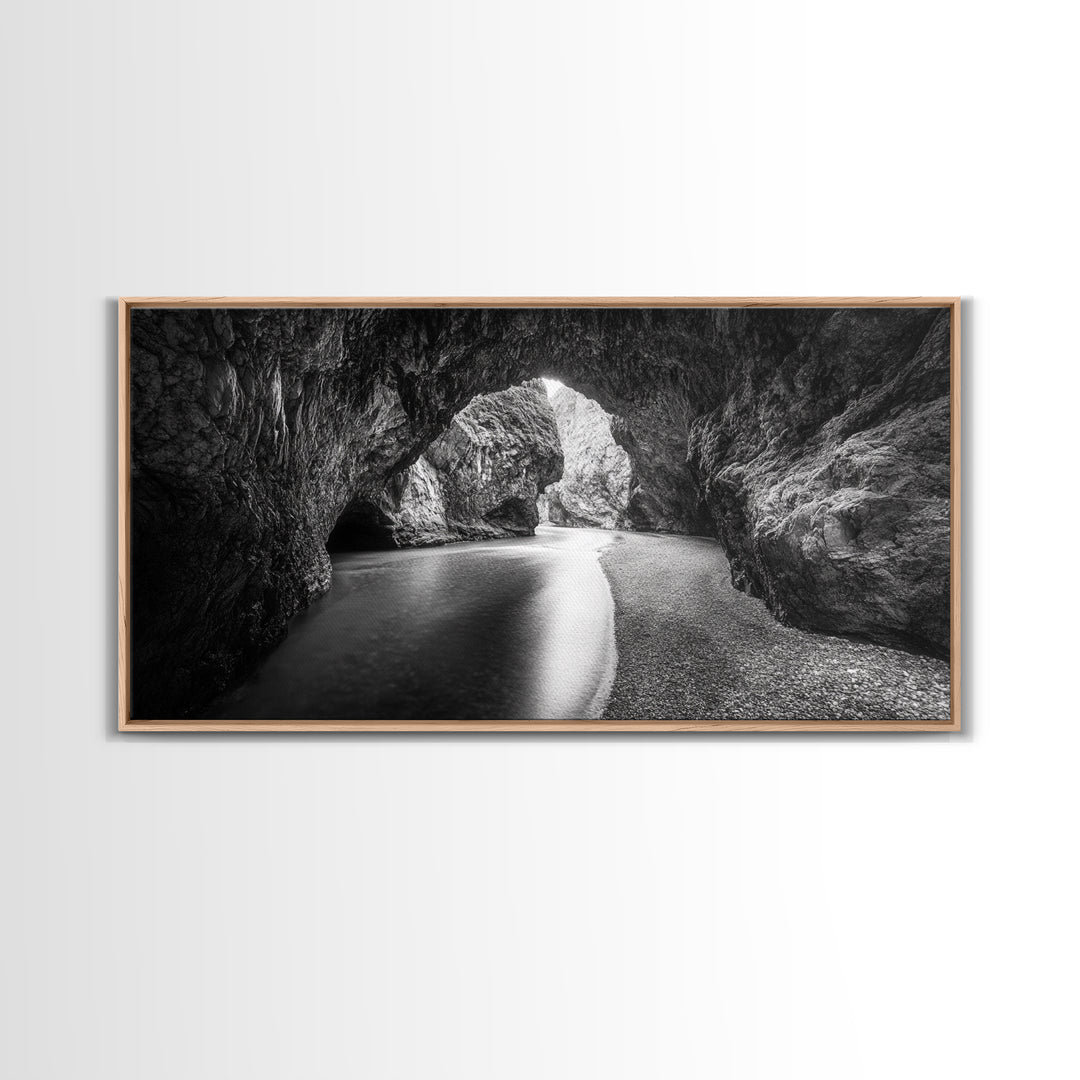 Ocean Cave Flow, Coastal Rock Wall Art, Moody Nature Seascape, Black White Beach Decor, Boho Bathroom Accent, Canvas Print, Monochrome Art