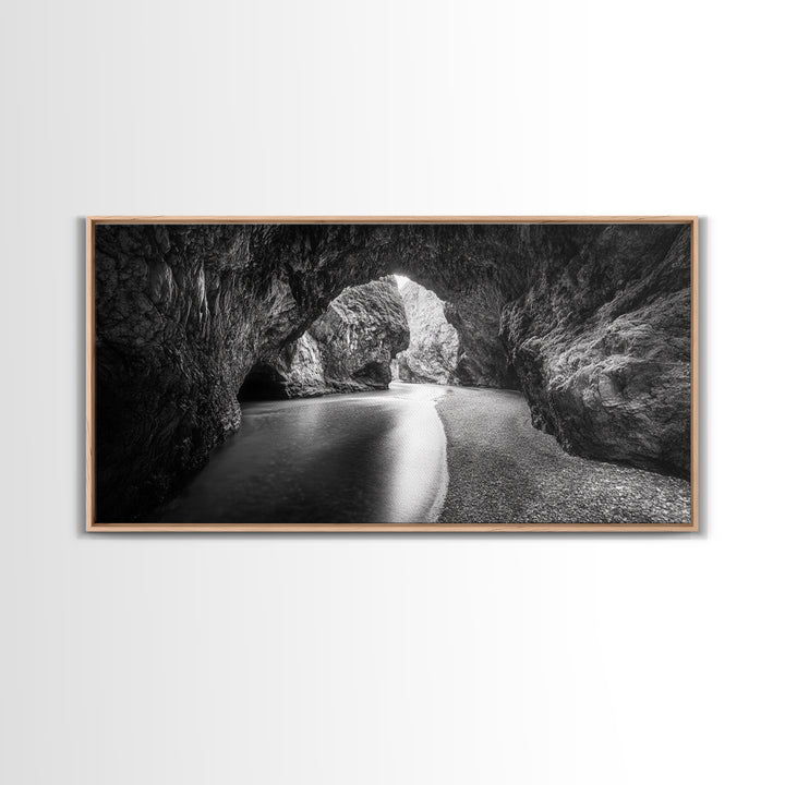 Ocean Cave Flow, Coastal Rock Wall Art, Moody Nature Seascape, Black White Beach Decor, Boho Bathroom Accent, Canvas Print, Monochrome Art