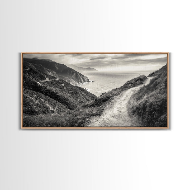 Cliffside Trail Path, Coastal Hiking Print, Rugged Ocean View, Nature Adventure Wall Art, Rustic Modern Decor, Framed Canvas Print