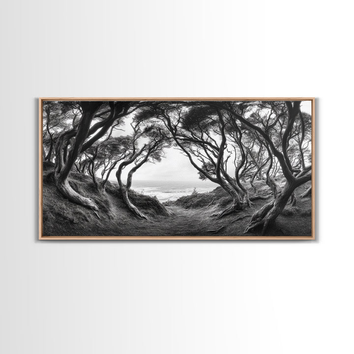 Coastal Trees, Windswept Forest, Ocean View, Framed Canvas Print, Boho Wall Art, Living Room Art, Nature Wall Decor, Monochrome Landscape